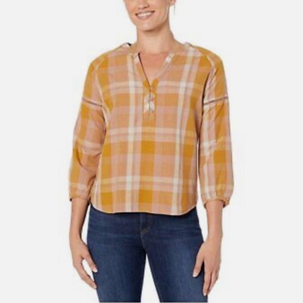 Prana Champagne Plaid Elena Button-Front Top/blouse Size M